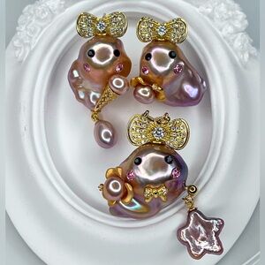 Handmade Premium S925 SS Freshwater Flameball Pearl Character Earrings Pendant